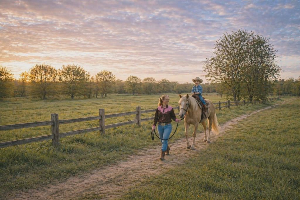 CharlieAnn leading a young rider down a country lane at sunset