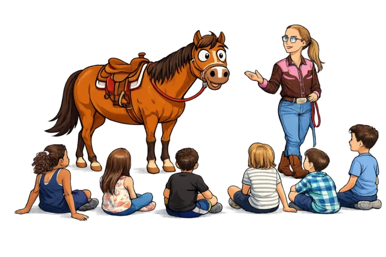 Cartoon of children sitting around CharlieAnn and a horse for a lesson