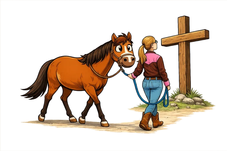 Cartoon of CharlieAnn walking a horse toward a wooden cross