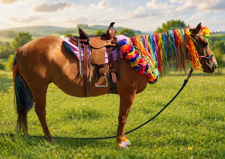 Tanzy dressed as a unicorn with a rainbow mane