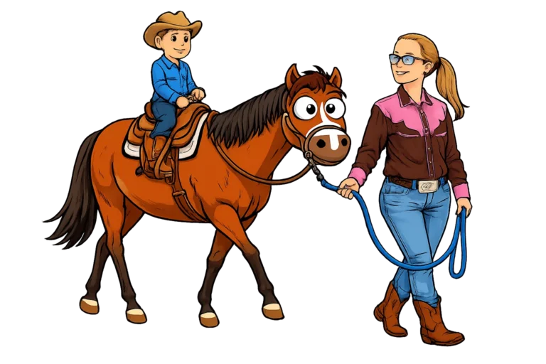 Cartoon of CharlieAnn leading a child on a horse