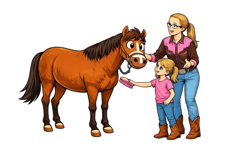 Cartoon of CharlieAnn teaching a girl to lead a horse